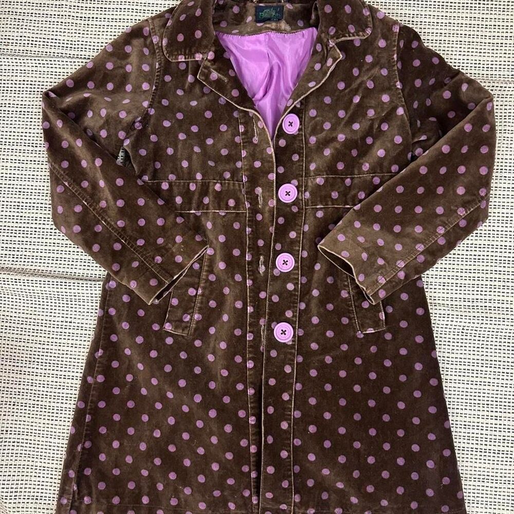Mini Boden Girls Brown and Purple Polka Dot Velvet Trench Coat 7/8